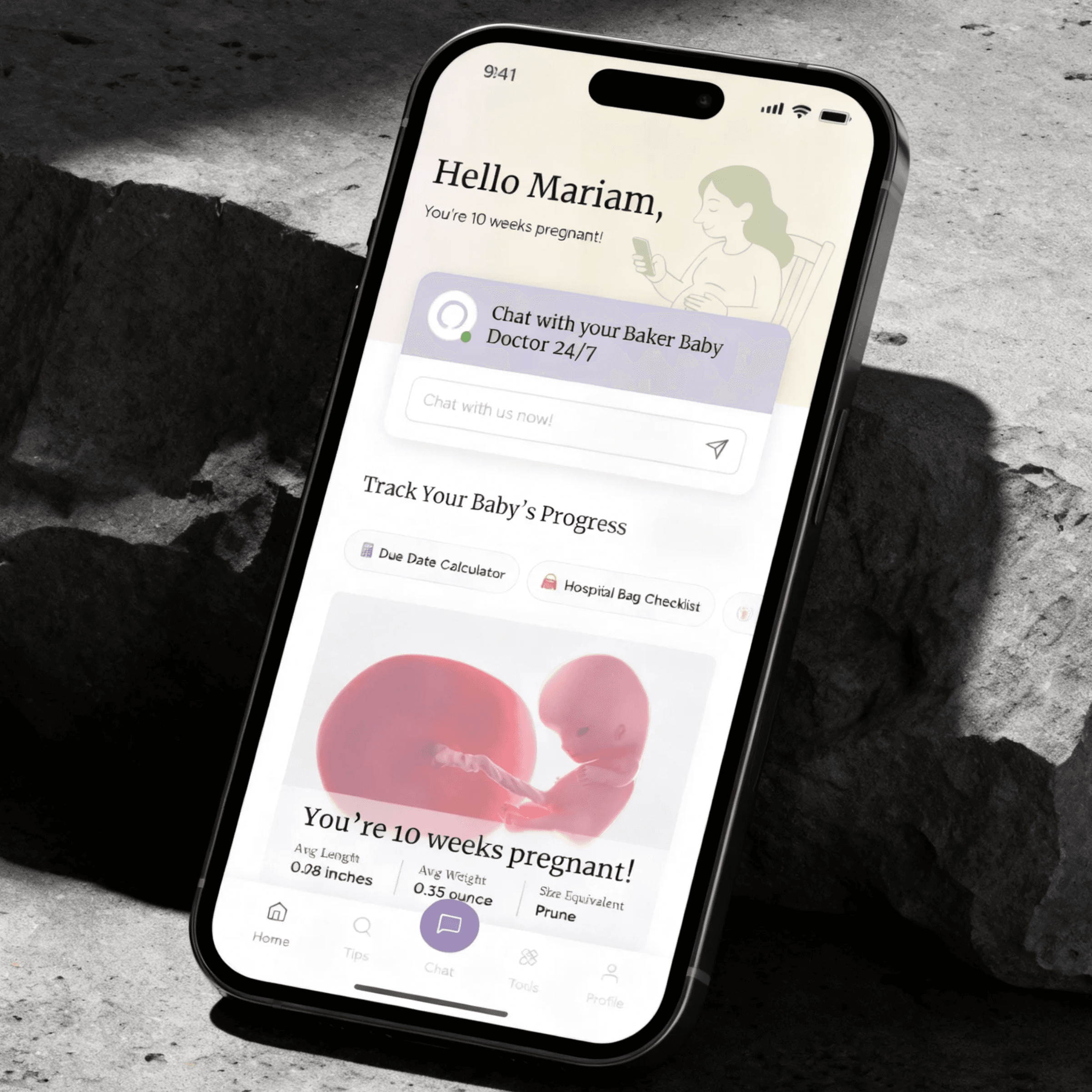 Baker Baby mobile app showing pregnancy tracking and 24/7 doctor chat